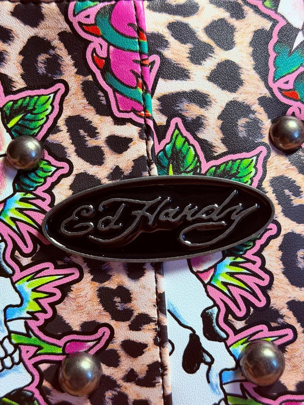 Ed Hardy Leopard Print Skull Tattoo Shoulder Bag Studded Y2K Purse NWT